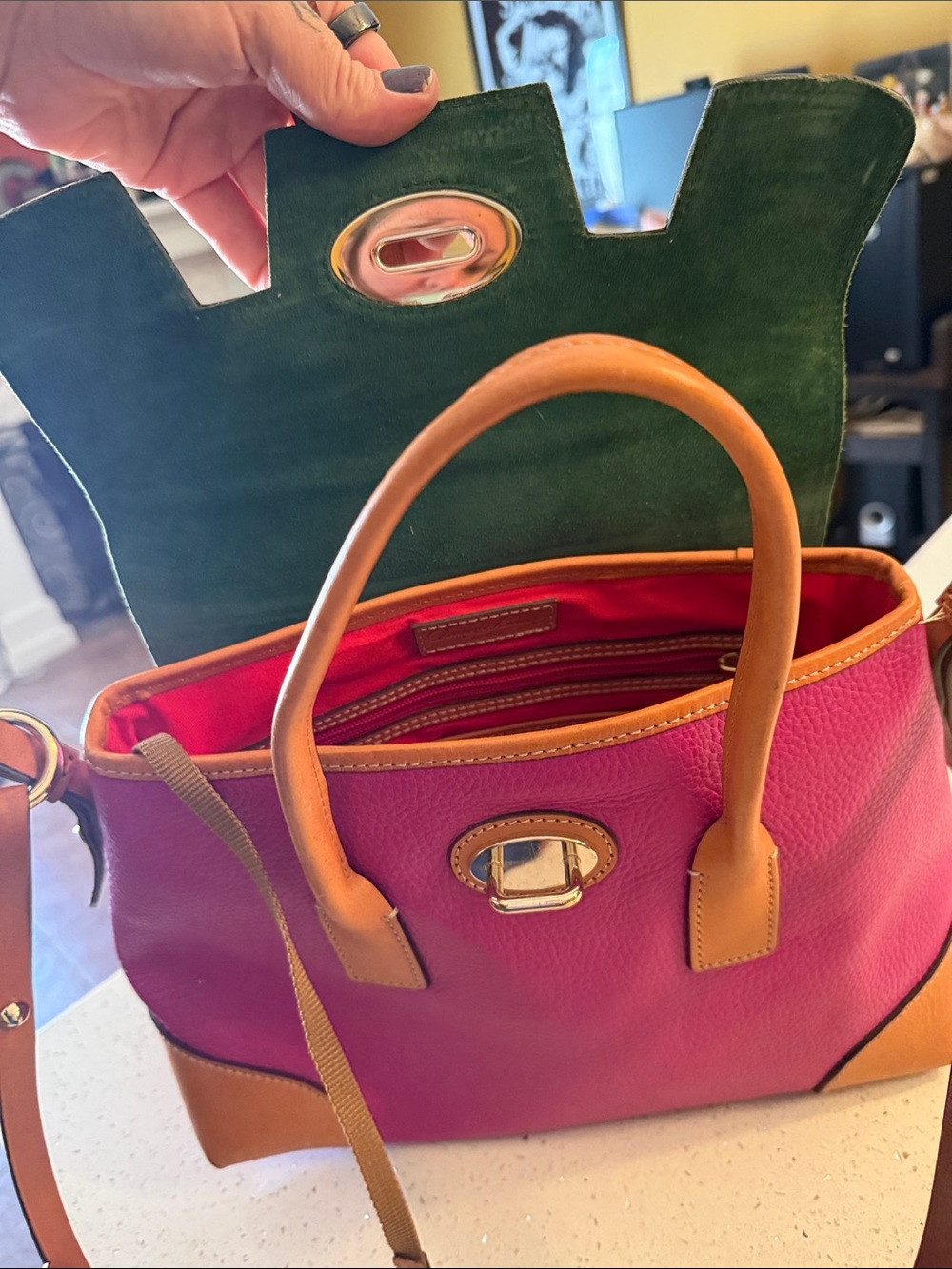 Dooney & Bourke Pink and Tan Leather Satchel - Picture 4 of 12